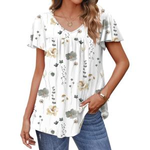 imageHOTOUCH Womens Plus Size Tops Ruffle Short Sleeve Tunics Cute Pleated Babydoll Shirts Summer Casual V Neck Boho BlousesWhite