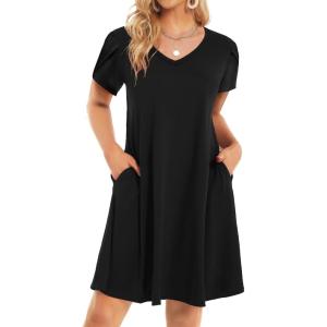 imageHOTOUCH Womens Summer Floral Beach V Neck Dresses Short Sleeve T Shirt Sundresses with Pockets 2025 Hawaiian VacationBlack