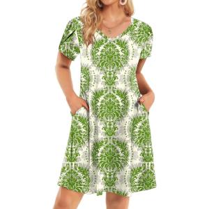 imageHOTOUCH Womens Summer Floral Beach V Neck Dresses Short Sleeve T Shirt Sundresses with Pockets 2025 Hawaiian VacationMz743
