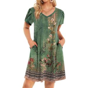 imageHOTOUCH Womens Summer Floral Beach V Neck Dresses Short Sleeve T Shirt Sundresses with Pockets 2025 Hawaiian VacationPa171