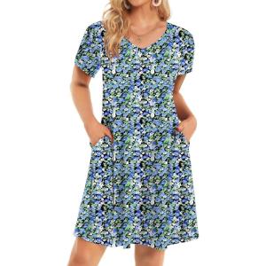 imageHOTOUCH Womens Summer Floral Beach V Neck Dresses Short Sleeve T Shirt Sundresses with Pockets 2025 Hawaiian VacationPa236