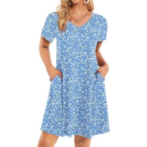 imageHOTOUCH Womens Summer Floral Beach V Neck Dresses Short Sleeve T Shirt Sundresses with Pockets 2025 Hawaiian VacationXh41
