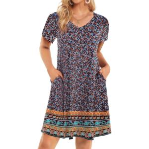 imageHOTOUCH Womens Summer Floral Beach V Neck Dresses Short Sleeve T Shirt Sundresses with Pockets 2025 Hawaiian VacationXh411