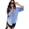 imageHOTOUCH Womens Striped Button Down Shirts Casual Long Sleeve Boyfriend Loose Collared Blouses TopsRoyal Blue