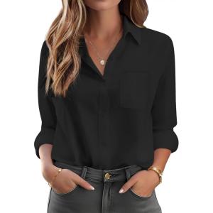 imageHOTOUCH Womens Button Down Shirt Cotton V Neck Work Office Blouse Dressy Casual Loose Long Sleeve Tops with PocketBlack