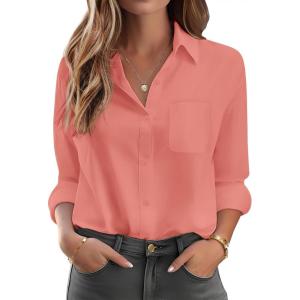 imageHOTOUCH Womens Button Down Shirt Cotton V Neck Work Office Blouse Dressy Casual Loose Long Sleeve Tops with PocketCoral