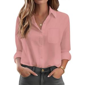 imageHOTOUCH Womens Button Down Shirt Cotton V Neck Work Office Blouse Dressy Casual Loose Long Sleeve Tops with PocketDusty Pink