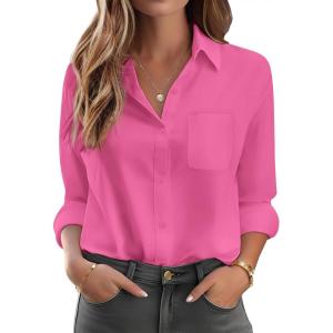 imageHOTOUCH Womens Button Down Shirt Cotton V Neck Work Office Blouse Dressy Casual Loose Long Sleeve Tops with PocketHot Pink