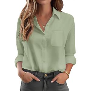 imageHOTOUCH Womens Button Down Shirt Cotton V Neck Work Office Blouse Dressy Casual Loose Long Sleeve Tops with PocketLight Green