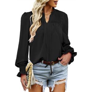 imageHOTOUCH Womens Long Sleeve Tops Boho Floral Printed Blouses Casual V Neck Pleated Drawstring Peasant ShirtsBlack