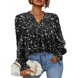 imageHOTOUCH Womens Long Sleeve Tops Boho Floral Printed Blouses Casual V Neck Pleated Drawstring Peasant ShirtsFloral Black