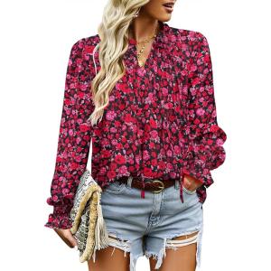 imageHOTOUCH Womens Long Sleeve Tops Boho Floral Printed Blouses Casual V Neck Pleated Drawstring Peasant ShirtsFloral Black Red