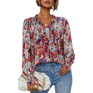 imageHOTOUCH Womens Long Sleeve Tops Boho Floral Printed Blouses Casual V Neck Pleated Drawstring Peasant ShirtsFloral Multicolor
