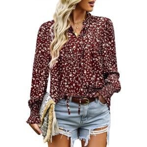 imageHOTOUCH Womens Long Sleeve Tops Boho Floral Printed Blouses Casual V Neck Pleated Drawstring Peasant ShirtsFloral Red