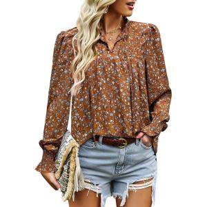 imageHOTOUCH Womens Long Sleeve Tops Boho Floral Printed Blouses Casual V Neck Pleated Drawstring Peasant ShirtsFloral Yellow