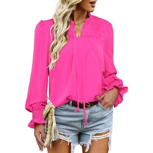 imageHOTOUCH Womens Long Sleeve Tops Boho Floral Printed Blouses Casual V Neck Pleated Drawstring Peasant ShirtsHot Pink