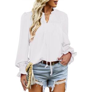 imageHOTOUCH Womens Long Sleeve Tops Boho Floral Printed Blouses Casual V Neck Pleated Drawstring Peasant ShirtsLight Beige