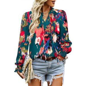 imageHOTOUCH Womens Long Sleeve Tops Boho Floral Printed Blouses Casual V Neck Pleated Drawstring Peasant ShirtsMulticolor Blue