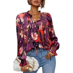imageHOTOUCH Womens Long Sleeve Tops Boho Floral Printed Blouses Casual V Neck Pleated Drawstring Peasant ShirtsMulticolor Purple