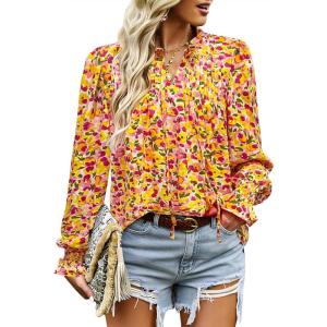 imageHOTOUCH Womens Long Sleeve Tops Boho Floral Printed Blouses Casual V Neck Pleated Drawstring Peasant ShirtsMulticolor Yellow