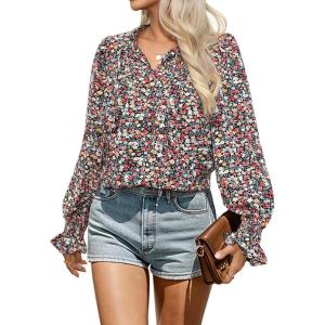 imageHOTOUCH Womens Long Sleeve Tops Boho Floral Printed Blouses Casual V Neck Pleated Drawstring Peasant ShirtsPrinted Black