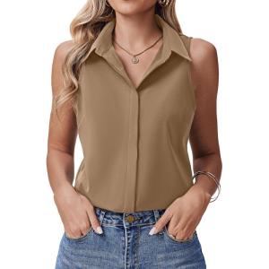imageHOTOUCH Womens Sleeveless Button Down Shirts HiddenButton Front Casual Loose Dressy Blouses V Neck Work Tank TopsKhaki