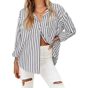 imageHOTOUCH Womens Striped Button Down Shirts Casual Long Sleeve Boyfriend Loose Collared Blouses TopsBlack