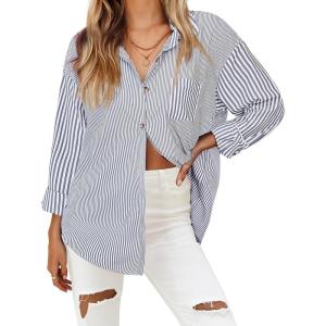 imageHOTOUCH Womens Striped Button Down Shirts Casual Long Sleeve Boyfriend Loose Collared Blouses TopsBlue and White