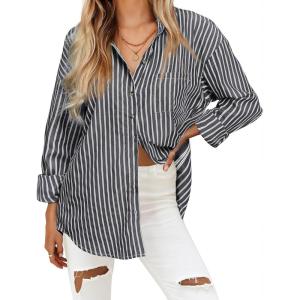 imageHOTOUCH Womens Striped Button Down Shirts Casual Long Sleeve Boyfriend Loose Collared Blouses TopsDark Grey