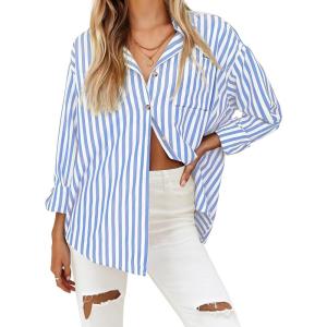 imageHOTOUCH Womens Striped Button Down Shirts Casual Long Sleeve Boyfriend Loose Collared Blouses TopsLight Blue