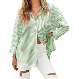 imageHOTOUCH Womens Striped Button Down Shirts Casual Long Sleeve Boyfriend Loose Collared Blouses TopsLight Green