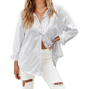 imageHOTOUCH Womens Striped Button Down Shirts Casual Long Sleeve Boyfriend Loose Collared Blouses TopsLight Grey