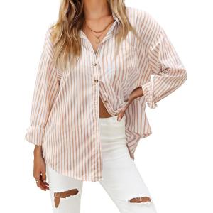 imageHOTOUCH Womens Striped Button Down Shirts Casual Long Sleeve Boyfriend Loose Collared Blouses TopsOrange
