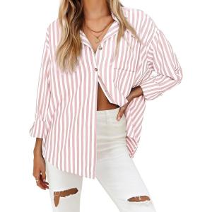 imageHOTOUCH Womens Striped Button Down Shirts Casual Long Sleeve Boyfriend Loose Collared Blouses TopsPink