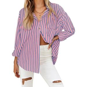 imageHOTOUCH Womens Striped Button Down Shirts Casual Long Sleeve Boyfriend Loose Collared Blouses TopsPink Purple