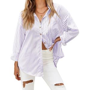 imageHOTOUCH Womens Striped Button Down Shirts Casual Long Sleeve Boyfriend Loose Collared Blouses TopsPurple