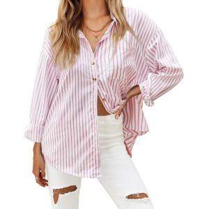 imageHOTOUCH Womens Striped Button Down Shirts Casual Long Sleeve Boyfriend Loose Collared Blouses TopsRose Pink