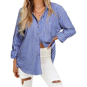 imageHOTOUCH Womens Striped Button Down Shirts Casual Long Sleeve Boyfriend Loose Collared Blouses TopsRoyal Blue