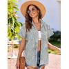 imageHOTOUCH Linen Cotton Womens Short Sleeve Shirts V Neck Collared Button Down Blouse Tops S3XLFloral Blue
