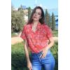 imageHOTOUCH Linen Cotton Womens Short Sleeve Shirts V Neck Collared Button Down Blouse Tops S3XLFloral Red