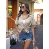 imageHOTOUCH Linen Cotton Womens Short Sleeve Shirts V Neck Collared Button Down Blouse Tops S3XLKhaki
