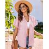 imageHOTOUCH Linen Cotton Womens Short Sleeve Shirts V Neck Collared Button Down Blouse Tops S3XLPink Stripe