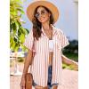 imageHOTOUCH Linen Cotton Womens Short Sleeve Shirts V Neck Collared Button Down Blouse Tops S3XLStripe Peach