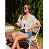 imageHOTOUCH Linen Cotton Womens Short Sleeve Shirts V Neck Collared Button Down Blouse Tops S3XLStriped Beige