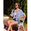 imageHOTOUCH Linen Cotton Womens Short Sleeve Shirts V Neck Collared Button Down Blouse Tops S3XLStriped Blue White