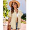 imageHOTOUCH Linen Cotton Womens Short Sleeve Shirts V Neck Collared Button Down Blouse Tops S3XLStriped Yellow