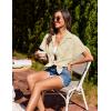 imageHOTOUCH Linen Cotton Womens Short Sleeve Shirts V Neck Collared Button Down Blouse Tops S3XLStriped Yellow