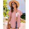 imageHOTOUCH Linen Cotton Womens Short Sleeve Shirts V Neck Collared Button Down Blouse Tops S3XLTangerine