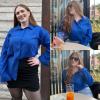 imageHOTOUCH Womens Button Down Shirt Casual Long Sleeves Loose fit Classic Collared Blouses Fasion Textured Top with PocketsRoyal Blue