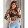 imageHOTOUCH Womens Mesh Sheer Tops Long Sleeve Layering Top Mock Neck See Through Floral Lace Shirt BlouseBrown